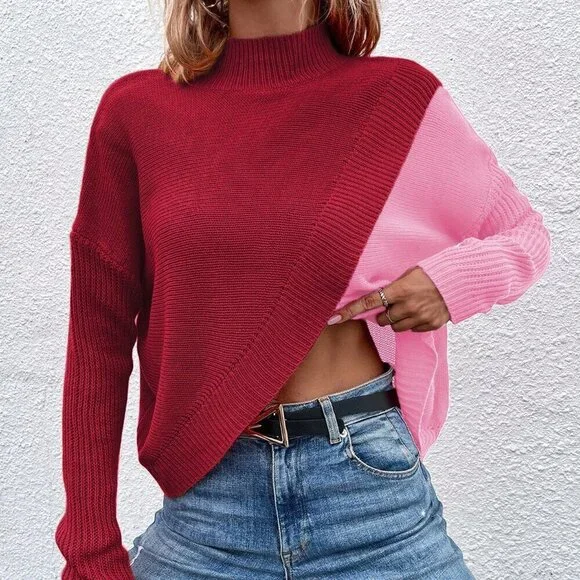 Multicolor Casual Women's Color Block Stand Collar Wrap Sweater - Picture 5 of 6